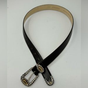 Avignon Black Leather Belt Vintage Gold / Silver Buckle Tail accent Made in USA